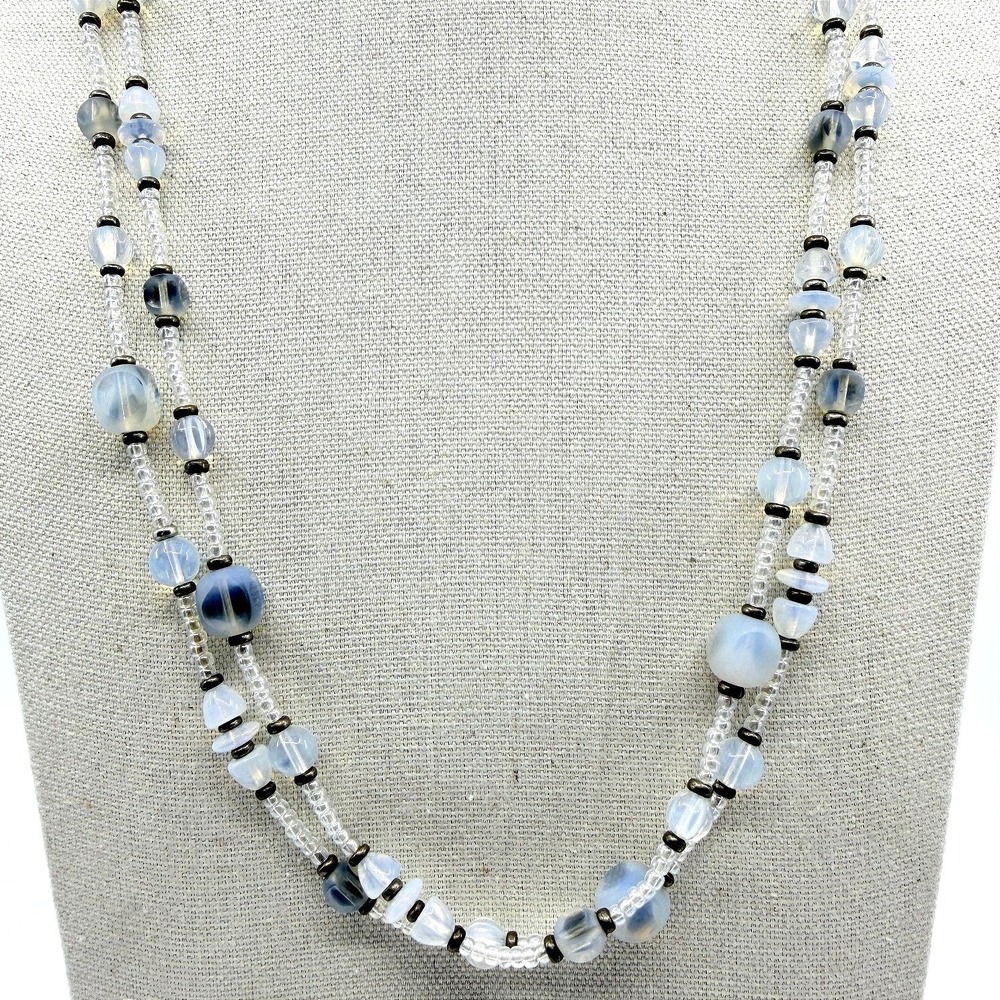 Necklace Vintage Frosted White Blue Bead Multi Strand Boho Statement Retro 90s